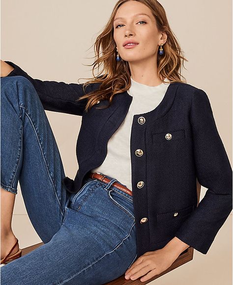 Navy Tweed Jacket Outfit, Tweed Jacket Outfit Casual, Tweed Blazer Outfit Women, Navy Jacket Outfit, Ann Taylor Outfit, Cropped Jacket Outfit, Tweed Jacket Outfit, Blue Tweed Jacket, Blazer Outfits Casual