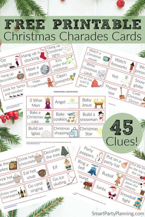 Christmas charades if the perfect game for some family festive fun. It's silly fun where the whole family can get to be just a little bit goofy. It's a  simple game which is quick to organise and perfect for a small or large gathering. Use these free printable cards to get everyone in the family laughing and let the holiday fun begin. Holiday Charades For Kids, Free Christmas Charades Printables, Kids Christmas Charades Free Printable, Christmas Printable Games Free, Christmas Charades For Adults, Christmas Family Games Free Printables, Christmas Cherades, Christmas Charades Printable Free, Free Christmas Games Printables