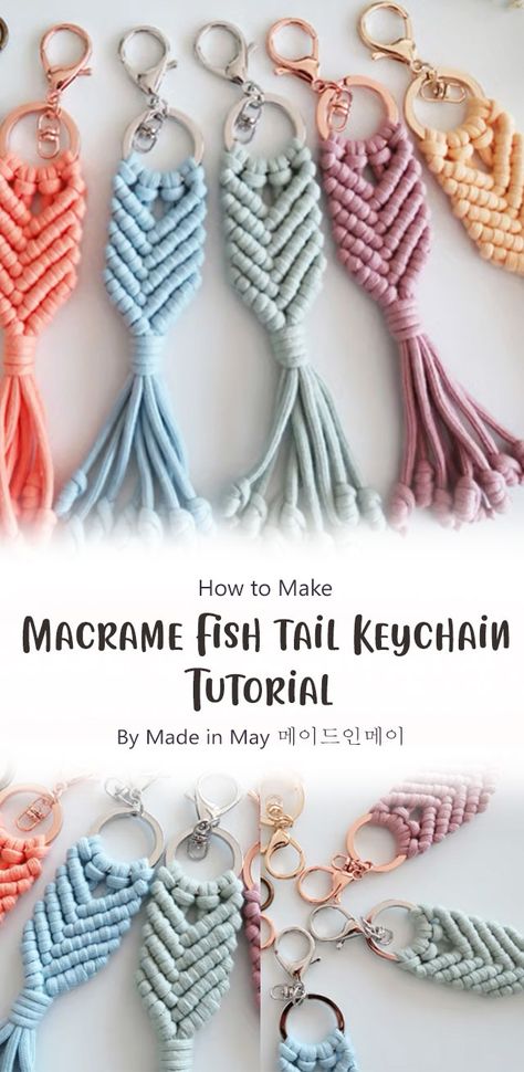 This is a very easy and simple tutorial for a cute macrame keychain. This can be made in any color you like! You can also use different materials. This is a great DIY project for beginners and it doesn’t take much time at all! Macrame Angel Pattern Free, Macrame Flamingo Keychain, Mermaid Tail Keychain Diy, Fishtail Macrame Keychain Diy, Macrame Pouch Diy, Macrame Mermaid Tail Keychain Diy, Macrame Lanyard Diy, Small Macrame Projects, Keychain Diy Easy