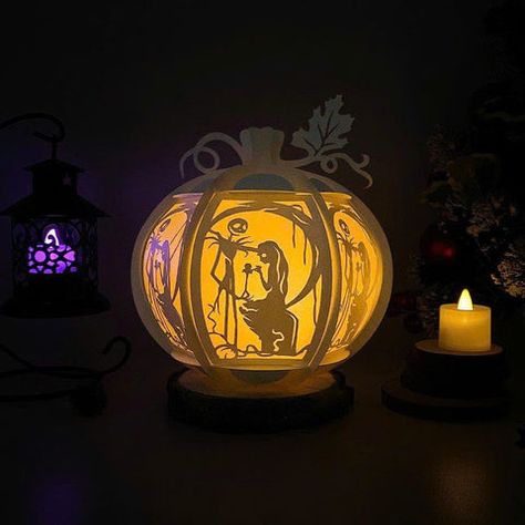 Free Templates - Lantern Pumpkin Nightmare Before Christmas - Paper Cut File - LightBoxGoodMan Dog Shadow Box, Lantern Paper, Lantern Template, Globe Lantern, Lantern Svg, Halloween Lantern, Art Knife, Christmas Shadow Boxes, Shadow Box Svg