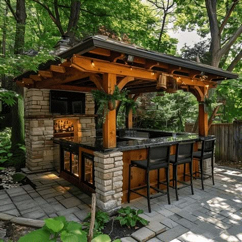 7 Relaxing Backyard Bar Ideas Backyard Bars With Roof, Pergola With Bar, Cabana Ideas Backyard, Outdoor Bar Ideas Backyards, Outside Bar Ideas, Portable Outdoor Bar, Outdoor Bar Patio, Backyard Bar Ideas, Backyard Bar Shed