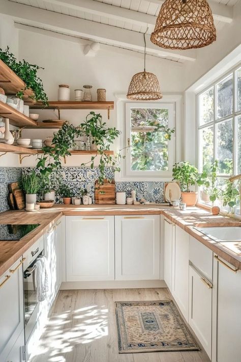 Boho House Astethic, Boho Cottage Kitchen Ideas, Boho Kitchen With Wood Cabinets, Boho Kitchen With White Cabinets, Organic Boho Kitchen, Modern Boho House Interiors, Kitchen Interior Boho, Bright Country Kitchen, House Interior White And Wood