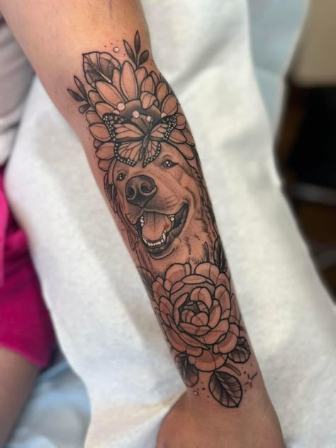 Flowers And Dog Tattoo, Dog Tattoo Sleeve Women, Paw Print And Flower Tattoo Dogs, Dog And Woman Tattoo, Pet Sleeve Tattoo, Animal Remembrance Tattoo, Dog Snout Tattoo, Dog Remembrance Tattoo In Memory Of, Memory Dog Tattoos