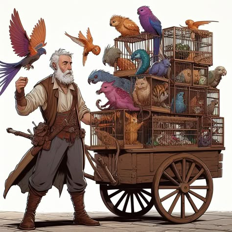 Dnd Pet Shop, Fantasy Shop Keeper, D&d Shopkeeper, Dnd Shop Art, Dnd Prisoner, Npc Ideas Dnd, Dnd Traveler, Traveling Merchant Character Design, Cartographer Character