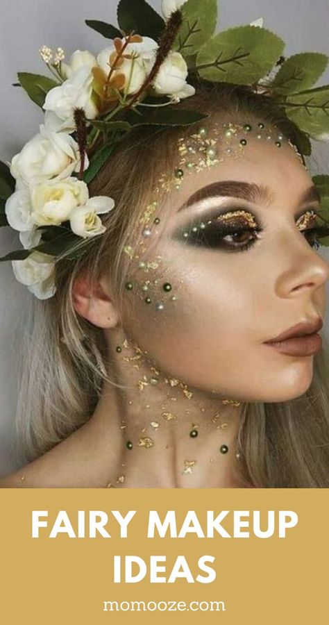 Fairy Makeup Ideas for Halloween Faerie Costume Halloween, Women’s Fairy Costume Ideas, Fae Costumes Women, Elf Makeup Halloween Woodland Fairy, Magical Costume Ideas, Mythical Fairy Costume, Fairy Halloween Costumes Make Up, Fairy Dress Up Ideas, Halloween Costumes With Fun Makeup