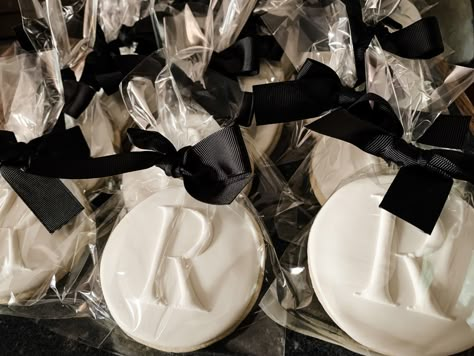 Black Wedding Party Favors, White And Black Dessert Table, Black And White Sweets Table, Black Tie Wedding Party Favors, Wedding Favors Black And White, All Black Anniversary Party, Black And Silver Engagement Party, Wedding Dessert Table Black And White, Black And White Wedding Balloons