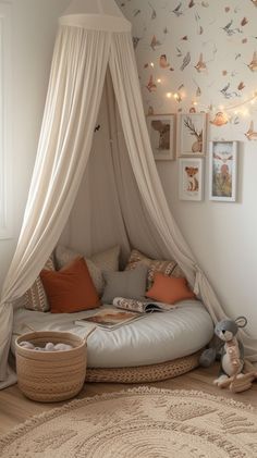 Reading Area In Nursery, Bedroom Corner Seating Ideas, Toy Room Reading Corner, Playroom With Reading Nook, Reading Corner With Hanging Chair, Comfy Nook Ideas, Reading Corner Inspo Bedroom, Cozy Pillow Corner, Teenage Reading Nook