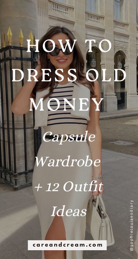 Looking to create an old money capsule wardrobe? Our essentials guide has you covered! Learn how to dress old money and achieve the timeless old money aesthetic. This guide also includes old money outfit ideas. Plus: quiet luxury capsule wardrobe, old money wardrobe essentials women, old money aesthetic women, old money aesthetic outfits, timeless capsule wardrobe, old money closet essentials. Simple Elegant Wardrobe, Fancy Mom Outfit, Dressing Well Aesthetic, Capsule Wardrobe 2025 Women, Chic Summer Capsule Wardrobe, Dressing Vintage Style, 30s Capsule Wardrobe, Old Money Aesthetic Wardrobe, Old Money Black Dress Outfit