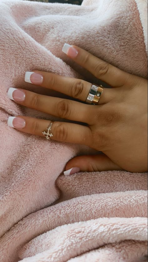 Sns Square Nails Short, White French Tip Square Nails Short, Shorties Nails French Tip With Design, Cute Birthday Nails Square, Engagement Nails Square Short, Square Acrylic Nails Mexican, Smiley French Tip Nails, Classic French Tip Nails Square Short, Professional Square Nails