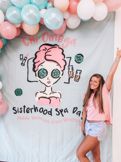 #sorority #banner #ideas #sisterhood Sleepover Sorority Banner, Sisterhood Party Ideas, Social Ideas Sorority, Sorority Spa Night, Sorority Chapter Retreat Ideas, Sorority Themes Events, Sisterhood Retreat Banner, Sorority Sisterhood Retreat Ideas, Sorority Social Events