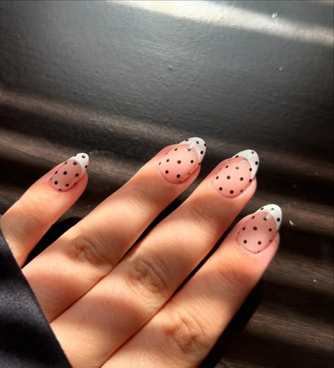 please please please …. give me all the polka dots because these are the cutest!! 🤩🤩 #gel #gelnails #gelpolish #gelnail #pressonnails #pressons #custom #custommade #frenchtipnails #pressonset #pressonnailset #gelmanicure #pressonnailbuisness #pressonnailsofinstagram #aestheticnails #trendynails #polkadotnails #summernails #junenails #julynails #girlynails #cutenails French With Polka Dots, Fall Polka Dot Nails, French Tip With Polka Dots, Polka Dot French Tip Nails, Polka Dot French Tip, Black Polka Dot Nails, New Years Nail Ideas, Nails With Dots, New Years Nail