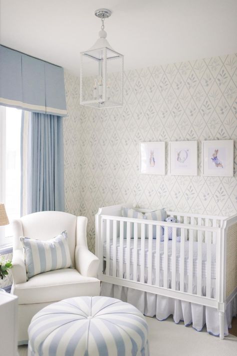 Traditional Blue & White Classic Boy's Nursery Blue Stripe Nursery, Cream And Blue Nursery, Traditional Blue And White Nursery, Boy Nursery Ralph Lauren, Southern Nursery Ideas, Coastal Grandmother Nursery, Baby Blue Boy Nursery, Grandmillenial Boys Nursery, Grandmillenial Nursery Decor