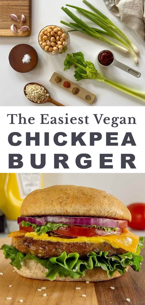 These Chickpea Burgers are an easy one-bowl recipe for the best vegan burger pattie. Great served alone or on a bun topped with your favorites. They take only 10 minutes of prep time and can be frozen for meal prep! Definitely the easiest and most flavorful veggie burger. Veggie Burger Recipe Chickpea, Chickpea Burger Patties, Chickpea Meat Substitute, Chickpea Burgers Vegan, Chickpeas Recipe Vegan, Vegan Burgers Recipes, Vegan Bean Burger Recipe, Chickpea Patties Vegan, Chickpea Burger Recipe