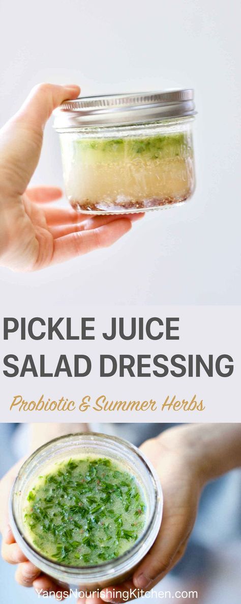 Don't toss that leftover pickle juice after you finish your pickles. Use it with summer herbs to make pickle juice salad dressing. When using fermented pickle juice, you are adding more beneficial bacteria, enzymes and nutrients into this pickle juice salad dressing that's both delicious and refreshing. Some people drink pickle juice straight. The risk of high sodium level can be mitigated by using pickle juice in dressing instead. I will also show you the differences of 2 kinds of pickle juice. Pickle Juice Salad Dressing, Pickle Juice Recipe, Leftover Pickle Juice, Pickle Dressing, Pickle Juice Uses, Summer Herbs, Salad Dressing Recipes Homemade, Homemade Pickles, Sauces And Dressings