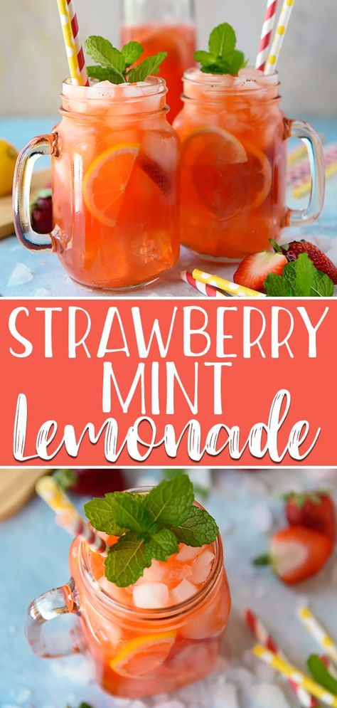 Summer in a glass is possible with this Strawberry Mint Lemonade! Fresh pureed strawberries are muddled with mint, then mixed with freshly squeezed lemonade - you can even turn this into a refreshing poolside cocktail by adding your favorite liquor! Cold Drink Recipes Summer, Fresh Spearmint Recipes, Sweet Mint Recipes, Recipes Using Fresh Mint, Recipes Using Mint Leaves, What To Make With Mint Leaves, Fresh Mint Drinks, Recipes With Fresh Mint, Recipes With Mint Leaves