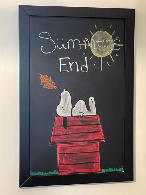 Chalkboard Art For September, End Of Summer Chalkboard Art, August Whiteboard Ideas, Seasonal Chalkboard Art, End Of Summer Chalkboard Ideas, August Chalkboard Art Ideas, Dog Chalkboard Art, Summer Whiteboard Art, Fall Dry Erase Board Art