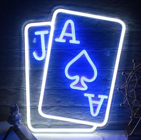 Gamerneon Playing Cards Neon Signs for Wall Decor Poker Teens Led Neon Light Blue White Usb Light Sign for Bedroom Casino Bar Hotel Play Room Birthday Party Decor Wall Decor Neon Sign, Room Decor Items, Friends In College, Texas Hold Em, Man Cave Lighting, Cool Neon Signs, Happy Signs, Led Bleu, Led Decoration