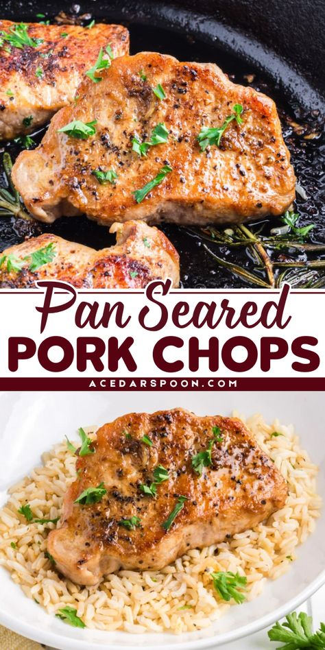 These Pan Seared Pork Chops are so easy to make and are a great, budget friendly meal option. This recipe is simple using spices and herbs to flavor the pork but can be spiced up to your liking. You can have these pork chops on the table in under 20 minutes. Moist Pork Chops, Best Fried Pork Chops, Crispy Pork Chops, Pork Sirloin Chops, Alternative To Bread, Pork Chops Bone In, Yummy Bowl, Pan Pork Chops, Pan Seared Pork Chops