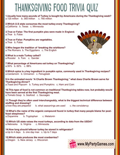 Thanksgiving Food Trivia Quiz {Free Printable} Thanksgiving Trivia With Answers, Kid Holiday Games, Food Trivia, Holiday Trivia, Thanksgiving Trivia, World Quiz, Anniversary Party Games, Holiday Facts, Thanksgiving Facts