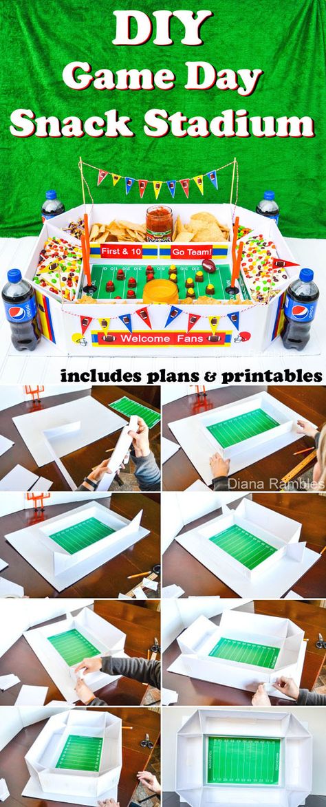 DIY Super Bowl Football Snack Stadium - Includes plans and free printables to decorate the stadium. This snack stadium is really easy to make and can be reused. Great for all your game day parties! AD Food Stadium Superbowl, Easy Super Bowl Decorations, Snack Football Stadium, Football Themed Thanksgiving, Super Bowl Party Decorations Printables, Superball Party Ideas Football Food, Diy Football Stadium, Football Diy Crafts, Diy Snack Stadium