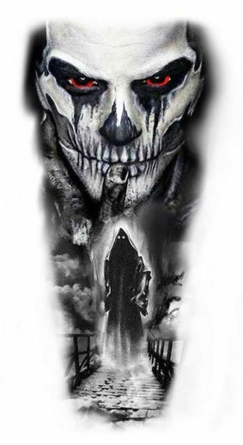 Evil Back Tattoo, Scary Tattoos Dark Art, Tattoos Dark Art, Assassin Tattoo, Dark Tattoos For Men, Leg Tattoo Designs, Back Tattoo Designs, Cool Skull Drawings, Harley Tattoos