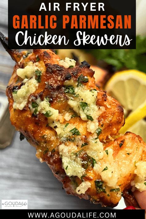 Air Fryer Garlic Parmesan Chicken Skewers - golden chicken skewers brushed with a parmesan garlic butter sauce. Air fry OR grill in 10 minutes! #airfryerchicken #airfryerchickenskewers #airfryergarlicparmchicken #airfryergarlicparmesanchickenskewers #airfryerrecipe #20minuterecipe #30minuterecipe #chickenrecipe #weeknightrecipe #agoudalife Air Fryer Garlic Parmesan Chicken, Garlic Parm Chicken, Garlic Parmesan Chicken Skewers, Parmesan Chicken Skewers, Boneless Chicken Recipes, Beginner Cooking, Parm Chicken, Air Fryer Garlic, Golden Chicken