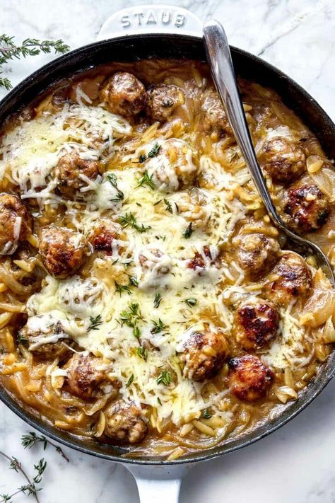 French Onion Meatballs with Orzo | foodiecrush.com French Onion Meatballs Recipe, French Onion Meatballs, Onion Meatballs, Caramelized Onions And Mushrooms, Caramelized Onions Recipe, Autumn Recipes Vegetarian, Orzo Recipes, Meatball Ingredients, Foodie Crush