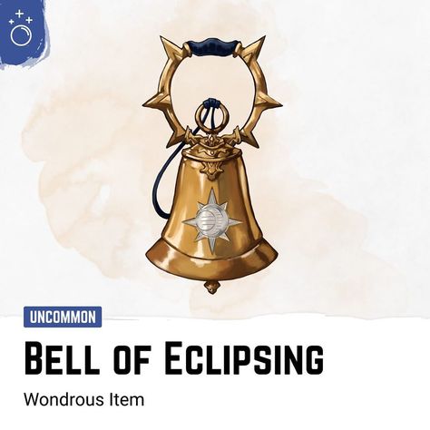 Storm Giant Games on Instagram: “NEW ITEM • Bell of Eclipsing 🔮Wondrous Item, uncommon ——————————————————————————— This small golden bell, decorated with a silver moon…” 5e Magic Items, Rogue Character, Fanfiction Ideas, Jjk Oc, Fantasy Items, Gust Of Wind, Bell Art, Adventure Ideas, Dungeon Master's Guide