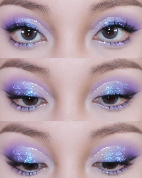 贝糕糕bggbei | snowflake#eyemakeuptutorial #eyemakeuplook | Instagram Purple Glam Eyeshadow Looks, Douyin Makeup Purple, Blue Face Makeup, Purple Eyes Makeup, Blue And Purple Makeup, Pink And Blue Makeup, Purple Makeup Looks, Stunning Eye Makeup, Makeup Purple