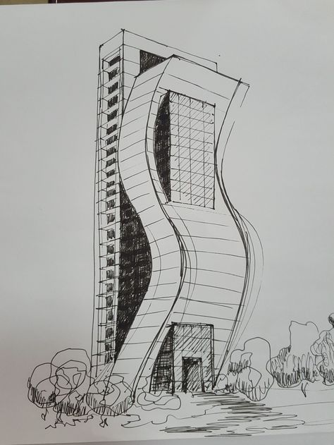 Office building Sketch Sketch Of A Building, View Point Architecture, Sketches Of Buildings Architecture, Draw Buildings Sketch, Architectural Details Drawing, Perspective Drawing Buildings, Building Drawing Architecture Sketches, Building Design Sketch, Drawing Buildings Sketch