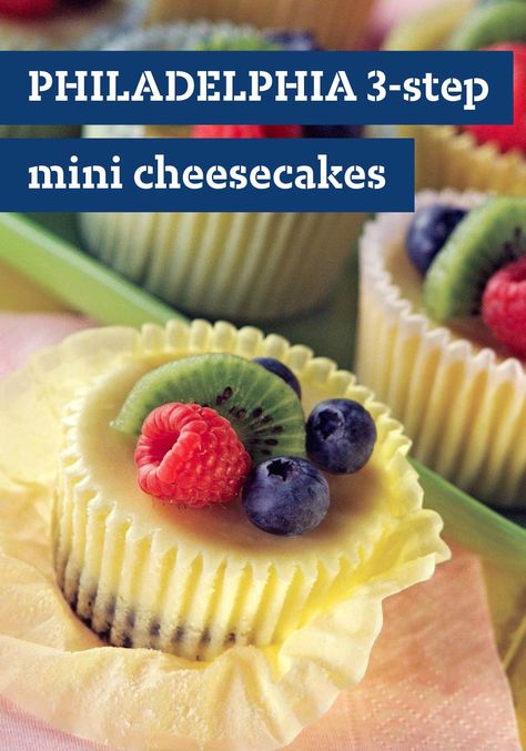 PHILADELPHIA 3-Step Mini Cheesecakes – Easy? Check. Delicious? Check. Bite-sized? You betcha. It’s going to be hard to beat this tasty treat recipe! Top with fresh blueberries, raspberries and kiwi, and you’ve got yourself a winning dessert recipe. They may be mini in size, but they pack a lot of flavor that friends and family are sure to enjoy. Philadelphia Mini Cheesecakes, Mini Cheesecakes Easy, Mini Cheesecake Recipes, Dessert Aux Fruits, Easy Cheesecake, Kraft Recipes, Mini Cheesecakes, Mini Desserts, Sweets Treats