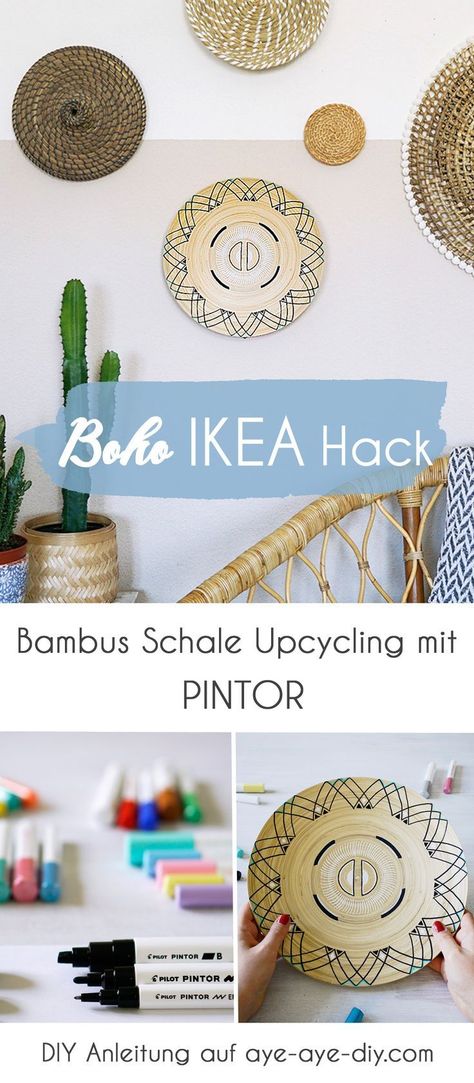 Anzeige - Hello, Boho Living! DIY Anleitung und Upcycling Idee: Verwandle dein Wohnzimmer in einen Traum aus Boho Style Deko mit diesem ganz einfachen IKEA Hack: bemale die Bambus Schale HULTET mit den Kreativmarkern von PILOT PINTOR und kreiere deine eigenen geometrischen Ethno Muster. Die Stifte haften auf vielen Untergründen und sind ideale Begleiter für Upcycling Projekte zum Selbermachen - für alle DIY Ideen wie DIY Deko, DIY Geschenke und Vieles mehr! Anleitung via aye-aye-diy.com Boho Wand, Aye Aye, Diy Ikea Hacks, Diy Ikea, Diy Upcycling, Ikea Diy, Boho Diy, Diy Interior, Boho Living