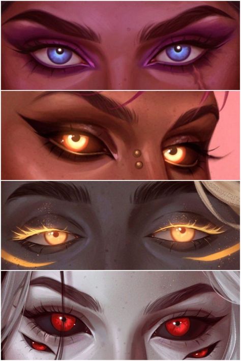 Glowing Eyes Reference, 4 Eyed Character Design, Demon Skin Color, Eye Coloring Reference, How To Draw Seductive Eyes, Villain Eyes Drawing, Phoenix Eyes Shape, Oc Eyes Drawing, Fierce Eyes Drawing