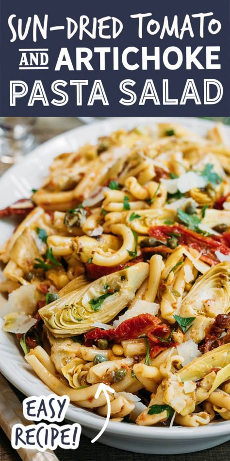 Pasta Salad With Artichoke Hearts, Salad With Artichoke Hearts, Artichoke Pasta Salad, Tomato Vinaigrette, Sun Dried Tomato Pasta, Tomato Pasta Salad, Artichoke Pasta, Pecorino Romano Cheese, Dinner Pasta