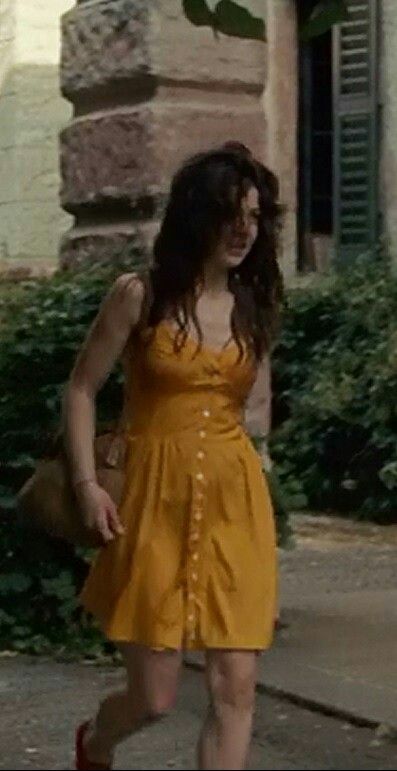 Yellow front button dress - Esther Garrel- Call Me By Your Name - Marzia Call Me By Your Name Marzia Outfits, Marzia Call Me By Your Name, Cmbyn Marzia Outfits, Cmbyn Marzia, Call Me By Your Name Inspired Outfits, Call Me By Your Name Outfits Women, Northern Italy Aesthetic Outfits, Call Me By Your Name Outfits Inspiration, Call Me By Your Name Aesthetic Outfit