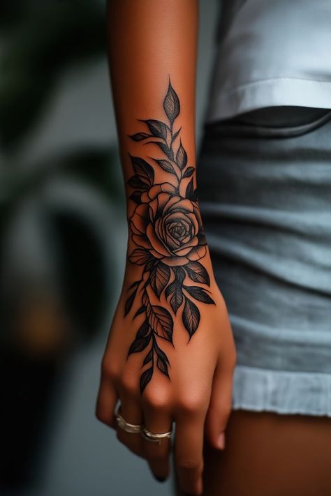 Trippy Floral Tattoo, Rose Hand Tattoos For Women, Delicate Arm Tattoos For Women, Rose Hand Tattoo Woman, Rose Sleeve Tattoo Women, Leaf Hand Tattoo, Timeless Tattoos For Women, Feminine Hand Tattoos, Floral Hand Tattoo