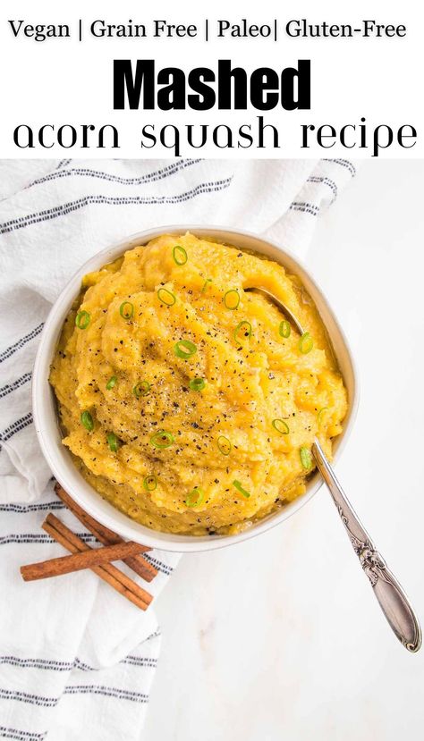 Roasted and mashed acorn squash is super easy to make, creamy and delicious. This simple acorn squash recipe uses just 7 ingredients and takes 5 minutes to prep and get into the oven. Vibrant and colorful, packed with nutrition, naturally vegan and gluten-free…this healthy side dish with no added sugar will quickly become a favorite. Acorn Squash Mashed, Mashed Acorn Squash Recipe, Vegan Acorn Squash Recipes, Mashed Acorn Squash, Acorn Squash Recipes Healthy, Squash Mashed, Boxed Mashed Potatoes, Acorn Squash Roasted, Canned Green Beans