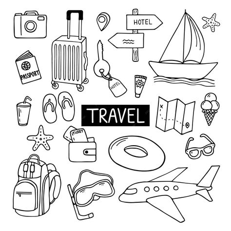 Premium Vector | Hand drawn set of travel doodle tourism and summer adventure Travel Doodles Simple, Travel Doodle Art, Vacation Doodles, Adventure Sketch, Doodle Travel, Vision Board Art, Travel Clip Art, Travel Doodle, Travel Cartoon