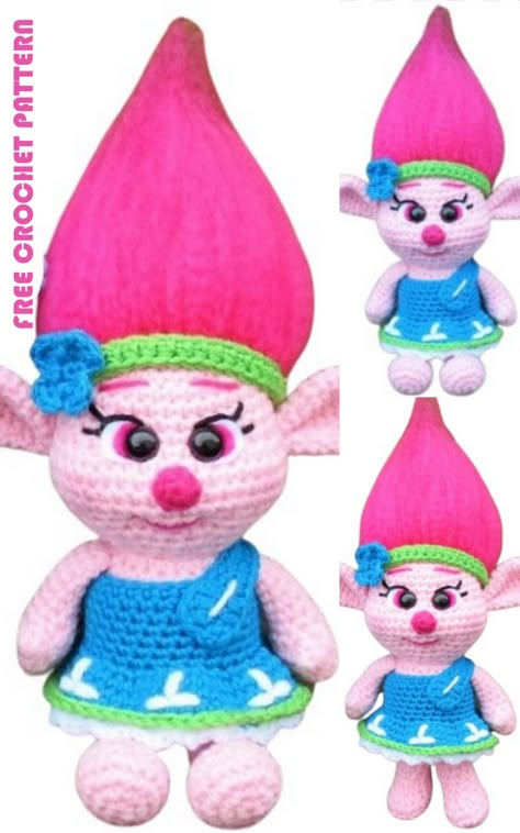 Amigurumi Troll Girl Free Crochet Pattern - Amigurumi Crocheting Animals, Crochet Patterns For Dolls, Cartoon Crochet, Character Crochet, Crochet Projects For Beginners, Crocheted Amigurumi, Rainbow Loom Rubber Bands, Harry Potter Crochet, Retro Crochet