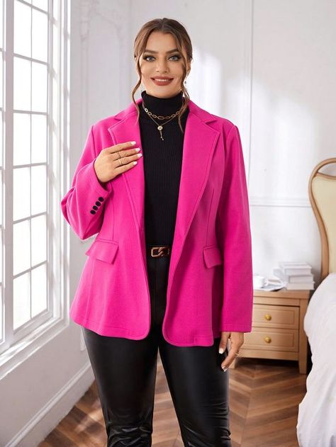 Hot Pink Elegant Collar Long Sleeve Tweed Plain Regular Embellished Non-Stretch Women Plus Clothing Plus Size Blazers, Fashion For Work, Pink Blazer, Lapel Collar, Fashion Online Shop, Plus Size Clothing, Plus Clothing, Online Fashion, Size Clothing