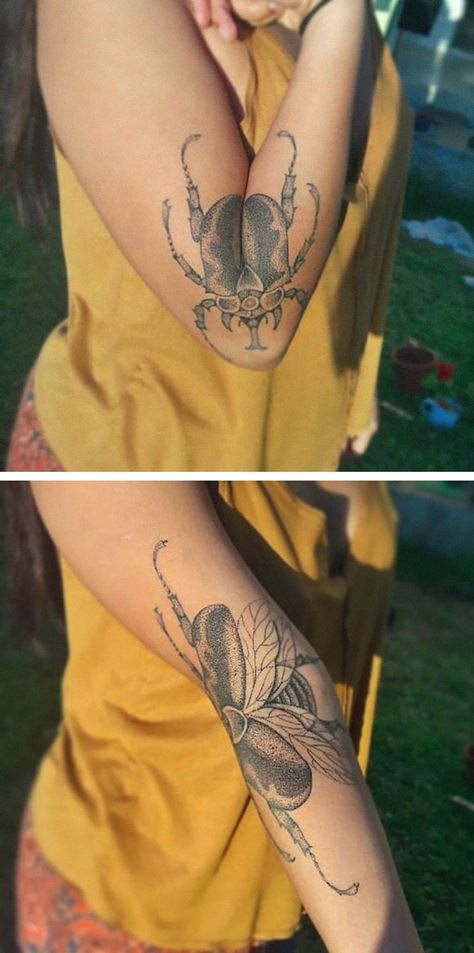 Insects Tattoo Sleeve, Moth Opening Knee Tattoo, Elbow Insect Tattoo, Tattoos That Move With Elbow, Tattoos That Move With You, Moving Moth Tattoo, Moving Leg Tattoo, Elbow Beetle Tattoo, Elbow Bug Tattoo