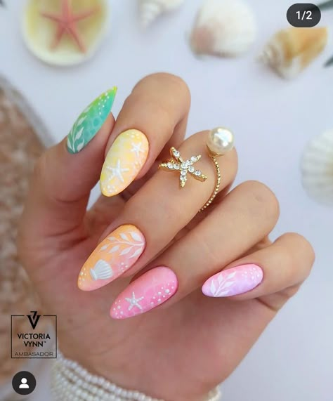 Travel Nails Designs Summer, Beach Vibe Nails Almond, Vacation Nails Beach Puerto Rico, Pretty Biab Nails, Beach Vacay Nails Almond, Almond Beach Nails Ideas, Mexico Nails Designs Summer Vacations, Summer Island Nails, Hawaii Manicure Ideas