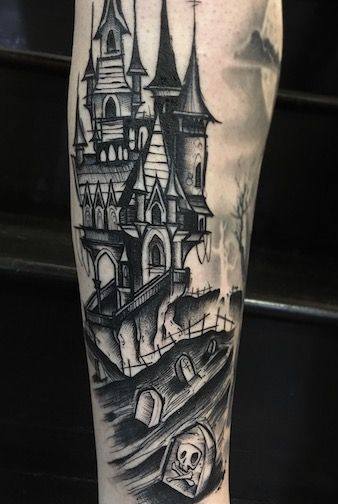 Haunted House Cemetary Tattoo, Graveyard Scene Tattoo, Spooky Castle Tattoo, Traditional Graveyard Tattoo, Grave Yard Tattoos, Cemetary Tattoo, Sean Tattoo, Spooky Tattoo Ideas, Cemetery Tattoo