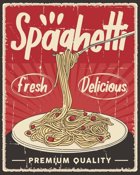 Retro Pasta Spaghetti Italian Food Poster Italian Food Poster, Trendy Graphic Design, Poster Food, Italian Posters, Retro Graphic Design, Retro Artwork, Pasta Spaghetti, Food Italian, Food Graphic Design