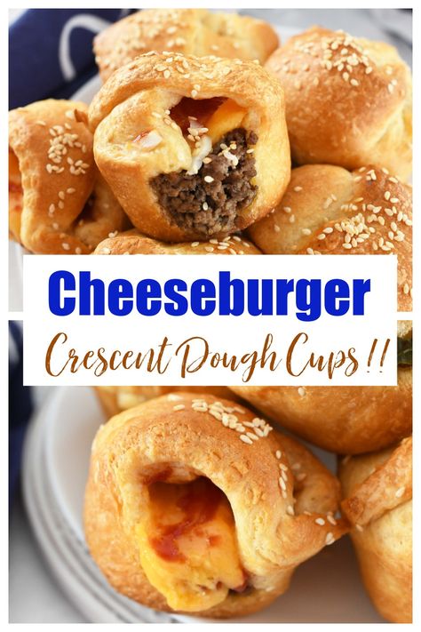 Crescent Dough Cheeseburger Cups Burger Bites In Muffin Pan, Pillsbury Crescent Dough Recipes, Crescent Roll Cups, Cheeseburger Cups, Cheeseburger Muffins, Crescent Dough Recipes, Cheeseburger Bites, Using Crescent Rolls, Party Food Dips