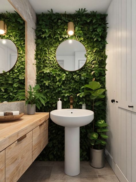 10 Half Bathroom Ideas: Stylish Solutions for Small Spaces - Homezillo Bathroom Decor Inspiration Elegant, Olive Green Accent Wall Bathroom, Rainforest Interior Design, Living Wall Bathroom, Small Half Bathroom Makeover, Business Bathroom Ideas, Green Plant Bathroom, Salon Bathroom Ideas, Small Half Bath Ideas