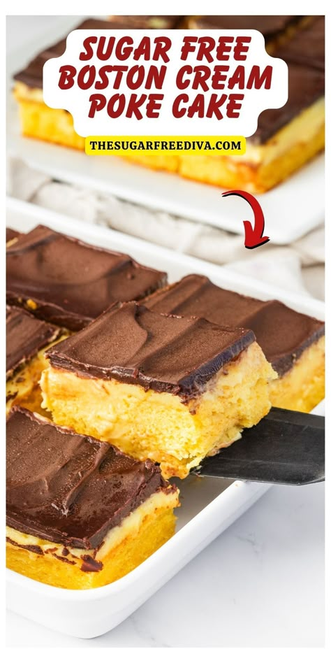 Sugar Free Boston Cream  Poke Cake, a simple and delicious dessert recipe made with cake mix,  pudding, chocolate ganache, and no added sugar.     Read more at: https://sfdiva.co/3Unzwv4  #sugarfree #sugarfreedessert #sugarfreecake #diabeticdessert #diabeticrecipe #bostoncream Simple Sugar Free Desserts, Sugar Free Poke Cake, Zero Sugar Cake Mix Recipes, Sugar Free Cake Mix Recipes, Boston Cream Poke Cake Recipe, Low Sugar Cake, Ww Dessert Recipes, Sugar Free Baking Recipes, Sugar Free Yellow Cake