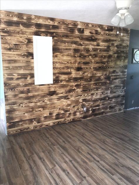 Burnt wood accent wall! Wood Paneling Basement, Pine Shiplap Wall, Pine Shiplap, Basement Diy, Torch Wood, Diy Wood Wall, Nursery Accent Wall, Plywood Walls, Shiplap Wall