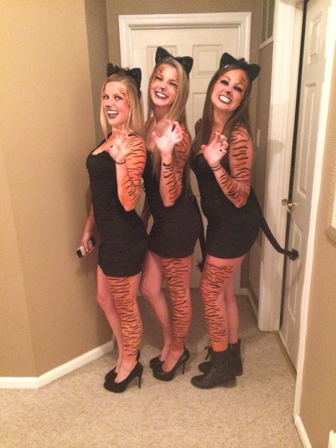 Tiger costume Halloween Tiger Costumes Women, Hot Animal Costumes, Cougar Costume Woman, Diy Tiger Costume Women, Tiger Halloween Costume Women, Diy Tiger Costume, Halloween Trio Ideas, Tiger Costume Women, Jaguar Costume