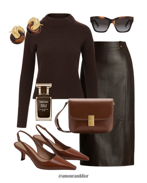 Styling a brown leather midi skirt for fall 🍁🍂🤎🧸 Fall outfit, leather skirt, faux leather, midi skirt, dark drown, espresso brown, chocolate brown, tortoiseshell, cashmere sweater, oversized sweater, brown sweater, crew neck jumper Skirt Leather Brown, Dark Brown Jumper Outfit, Gold Leather Skirt Outfit, Brown Leather Pencil Skirt Outfit, Chocolate Outfits For Women, Dark Brown Leather Skirt Outfit, How To Wear A Leather Skirt, Brown Leather Midi Skirt Outfit, Dark Chocolate Outfit